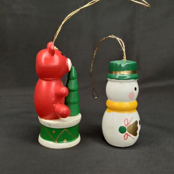 Vintage Christmas Ornament Set Of 2 Wood Snowman & Bear Handpainted 1980s - Picture 5 of 7